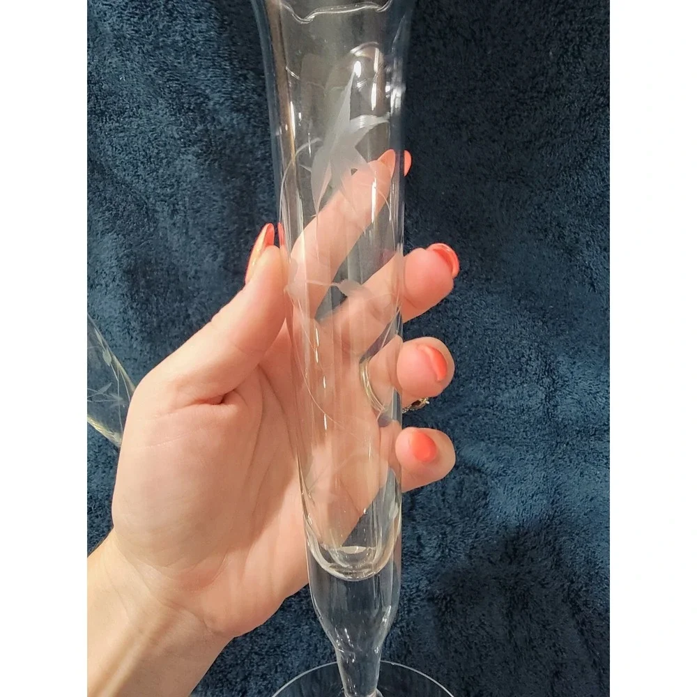 Vintage Etched Glass Bud Vases Pair Ruffled Rim Floral Trumpet Pedestal 10 Inch